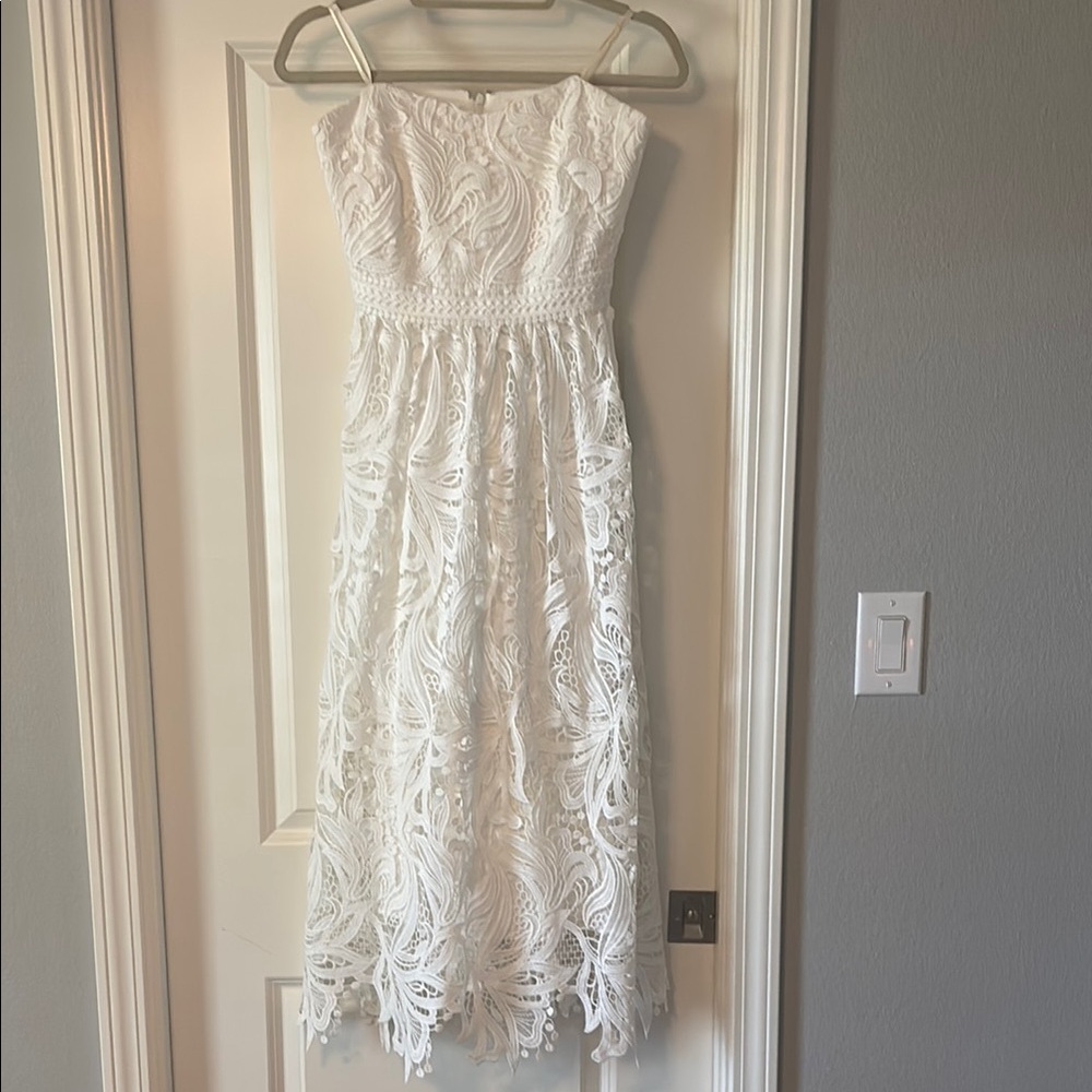 Shoshanna Midnight White Lace Midi dress